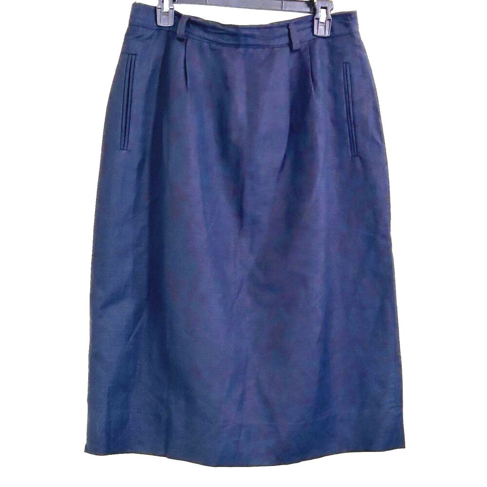 Lands End Vintage Skirt Size 14 Navy Blue Linen Cotton Skirt Knee Length